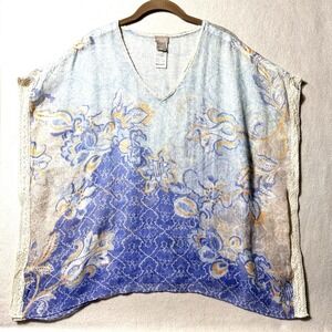 NEW Chico's 100% Linen S/M Crochet Lace Blue‎ Beach Floral Poncho Tunic Top